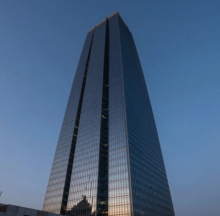 Wide-angle architectural elevation of a soaring glass-and-steel skyscraper on the Abu Dhabi Corniche at twilight, deep blue hour lighting, sharp reflection on the facade, clean negative space.
