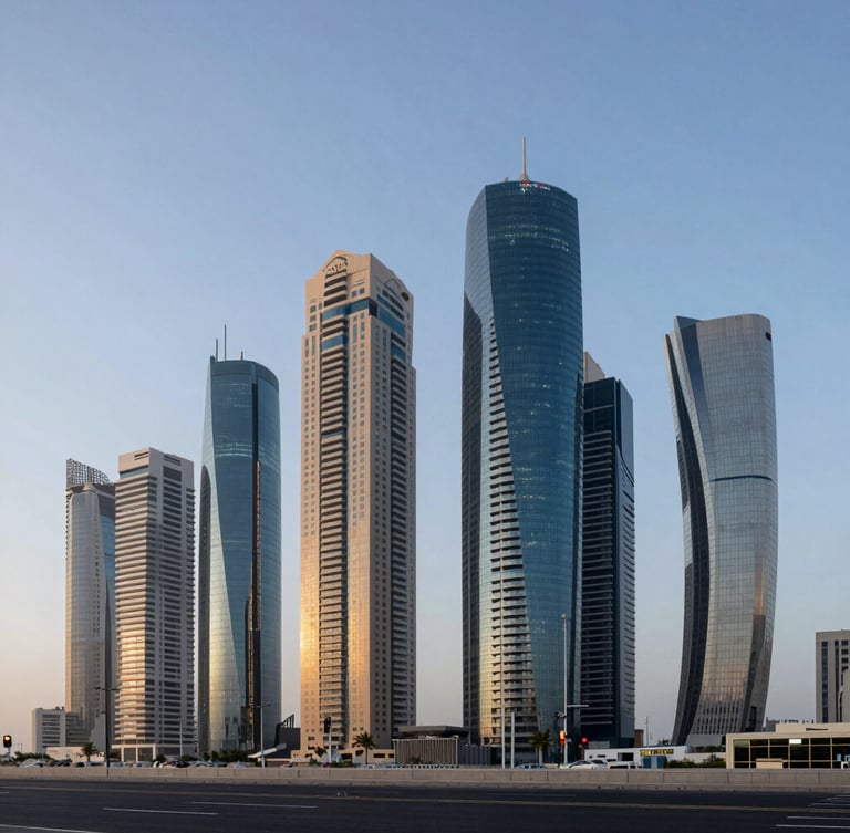 Wide environmental shot of modern Abu Dhabi glass-and-steel high-rises along the Corniche during crisp blue-hour daylight, clean architectural lines, expansive sky.