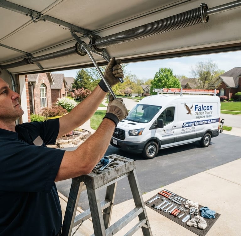 Clean, professional hands replacing a garage door spring under bright natural daylight, with a Falcon Garage Door's Repairs Team service truck visible in the background on a suburban Centerton driveway.
