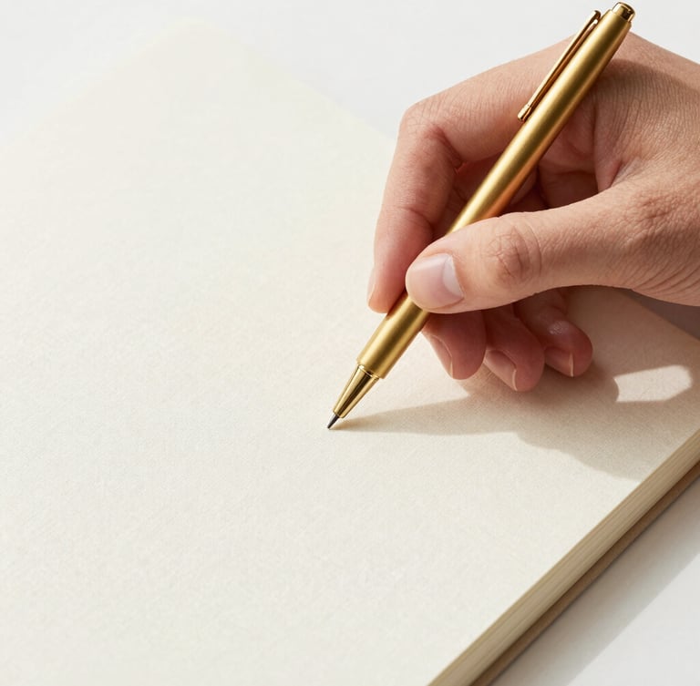 Hands carefully placing a minimalist brass pen onto a thick linen notebook, crisp textures, overhead macro shot, bright indirect daylight.
