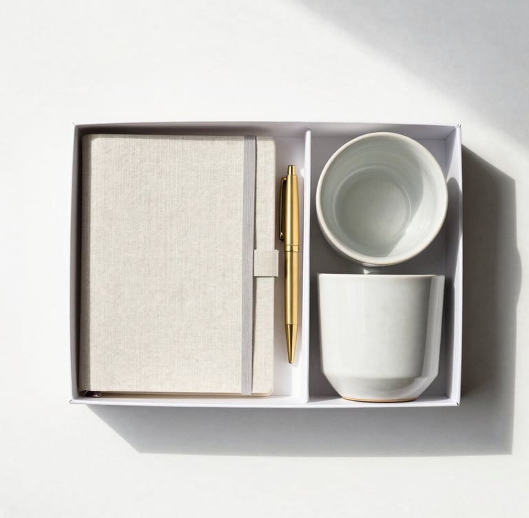 Overhead flat-lay of a minimalist morning routine box, containing a heavy ceramic mug, a linen-bound journal, and a brass pen, arranged with geometric precision on a clean white surface, bright indirect daylight, soft shadows.