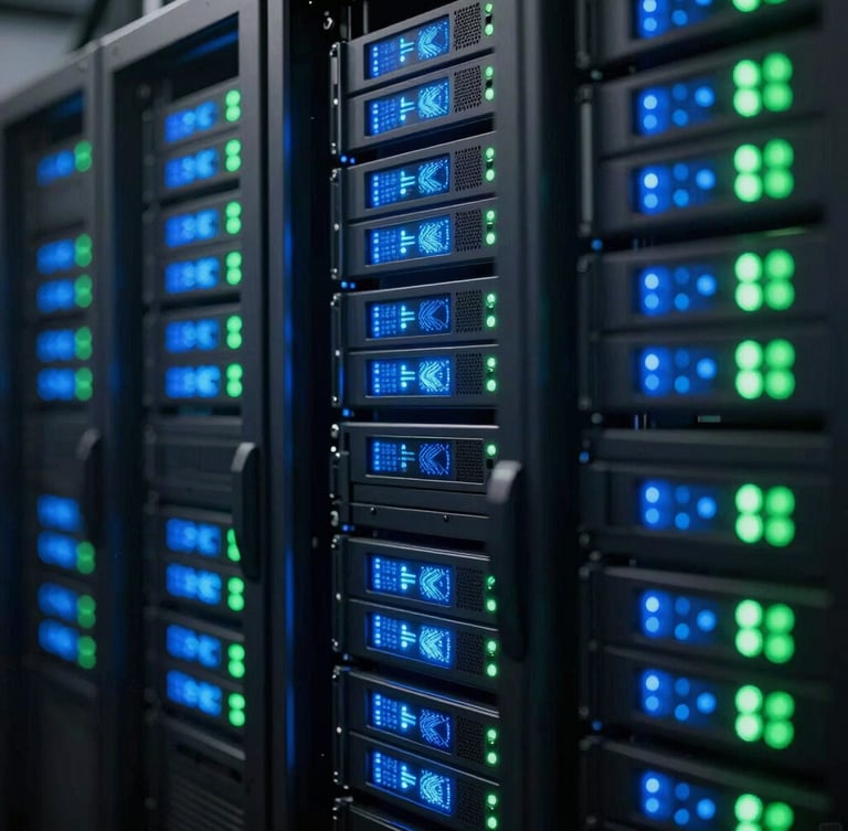 Close-up of secure server racks in a European data center, glowing blue and green status lights, clean technical aesthetic, high contrast