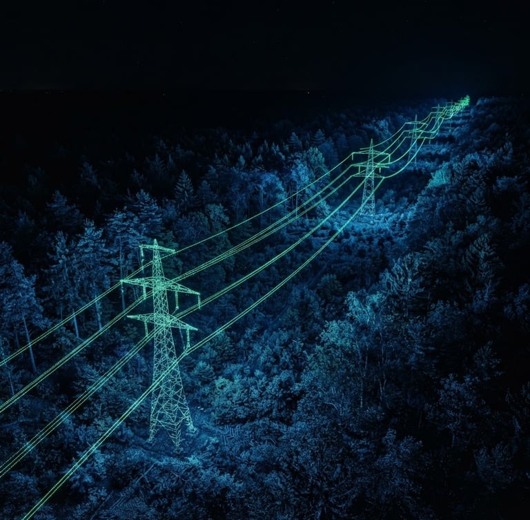 High-contrast aerial view of high-voltage power lines cutting through a dense European forest, glowing 3D LiDAR point cloud overlay, deep blue and cyber green data streams, dark cinematic lighting