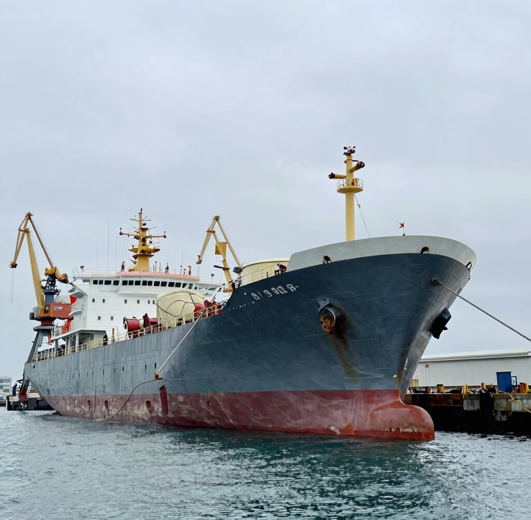 Wide-angle shot of the massive steel hull of the Lady Gona docked at port, heavy cranes in the background under overcast coastal daylight.