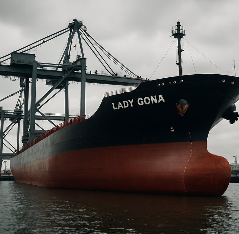 Wide panoramic shot of the massive steel hull of the Lady Gona cargo ship docked at an industrial port, heavy cranes overhead under overcast daylight