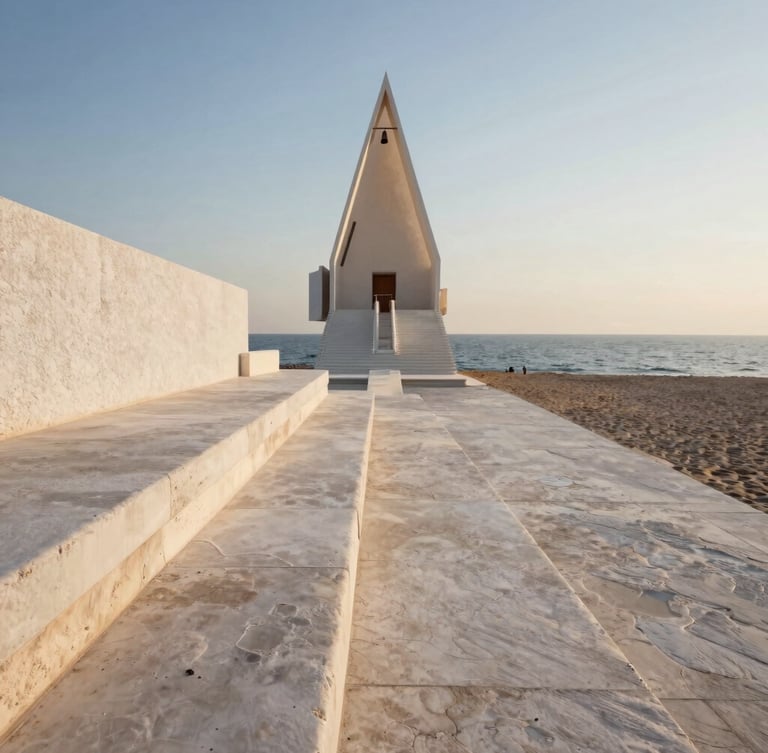 One-point perspective of the travertine terrace extending toward the open ocean, soft morning light casting long shadows, raw plaster wall on the left