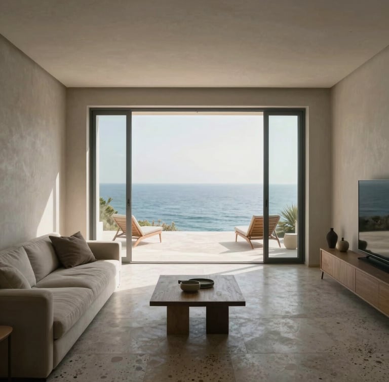 One-point perspective architectural shot of Villa Riva, looking from the cool terrazzo living room out to the bright travertine terrace and open sea, soft morning light, minimalist furniture.