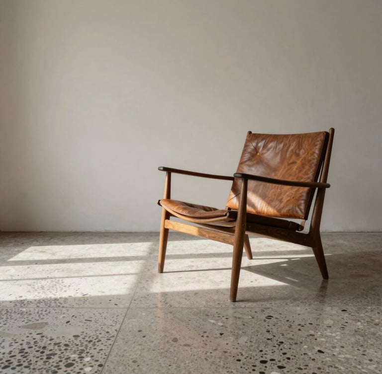 One-point perspective of a minimalist living room, terrazzo floors reflecting soft morning light, an authentic mid-century lounge chair in oiled walnut and leather, raw plaster walls.