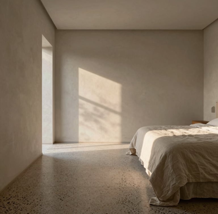 One-point perspective of a minimalist bedroom at sunrise, soft morning light casting long shadows on terrazzo floors, raw plaster walls, linen bedding.