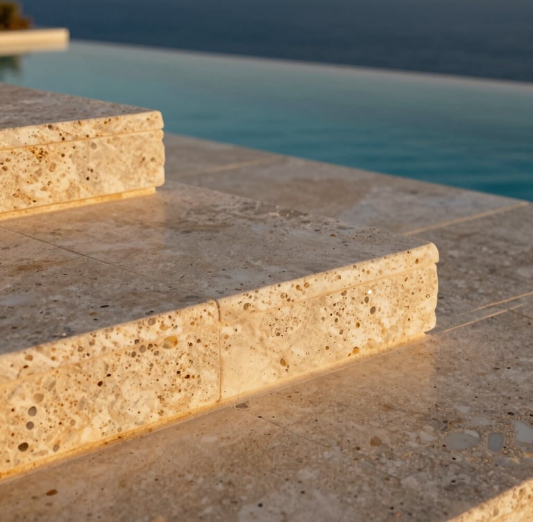 Close-up of raw travertine stone terrace tiles under low-angle golden hour sun, water pool edge blurring into the deep blue sea horizon.