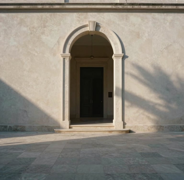 A wide-angle, one-point perspective architectural shot of the travertine entrance of Villa Riva, soft morning light casting long shadows, minimalist plaster walls.