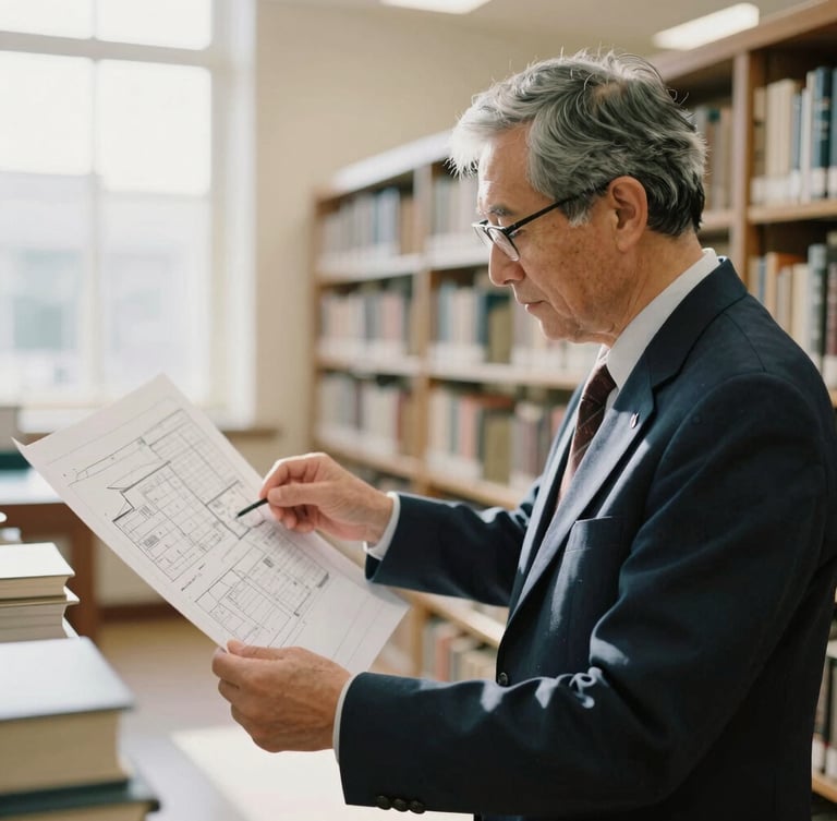A distinguished researcher reviewing architectural blueprints in a sunlit university archive, warm 35mm photography, soft natural light, shallow depth of field