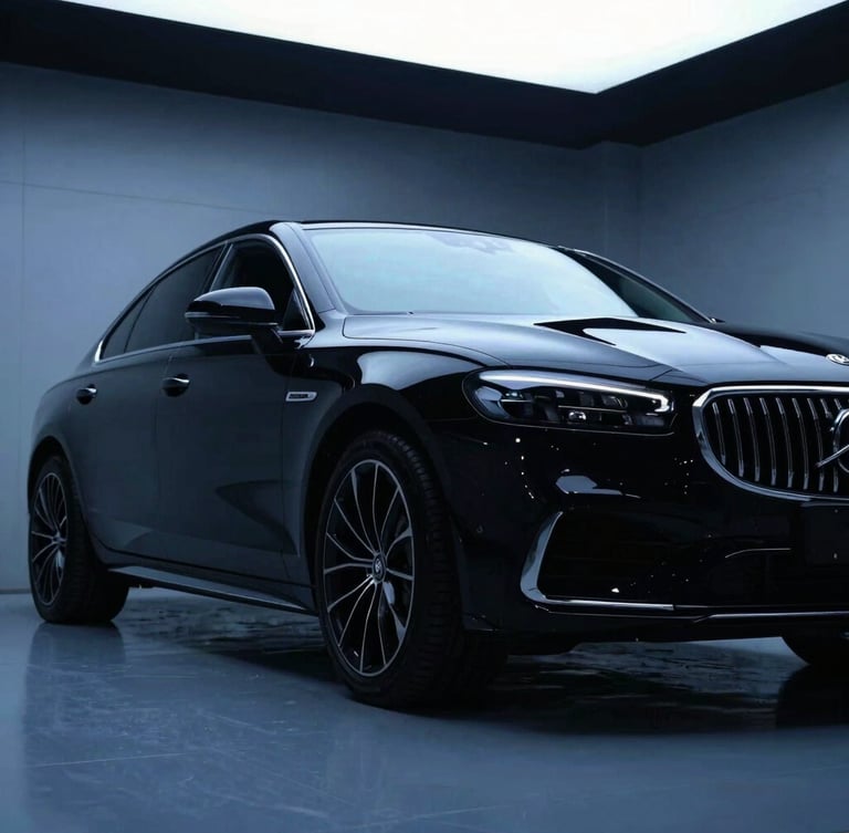 Low-angle heroic shot of a luxury car silhouette inside a clean, modern workshop, deep shadows, crisp details