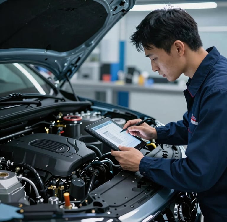 A professional mechanic using a diagnostic tablet connected to a luxury car engine bay, cool blue workshop lighting, sharp focus, 50mm lens