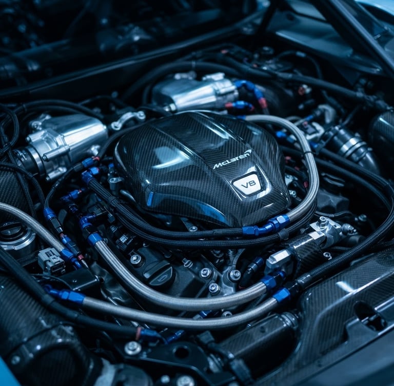 Tight macro shot of a clean modern engine bay, cool blue workshop lighting, sharp metallic reflections, 50mm lens