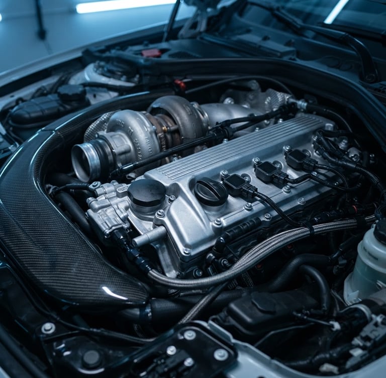 Close-up of a clean modern engine bay, cool blue workshop lighting, sharp metallic reflections on the cylinder head, 50mm lens