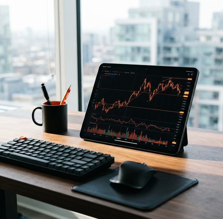 A modern workspace with a tablet displaying a stock market trading chart next to a mechanical keyboard.