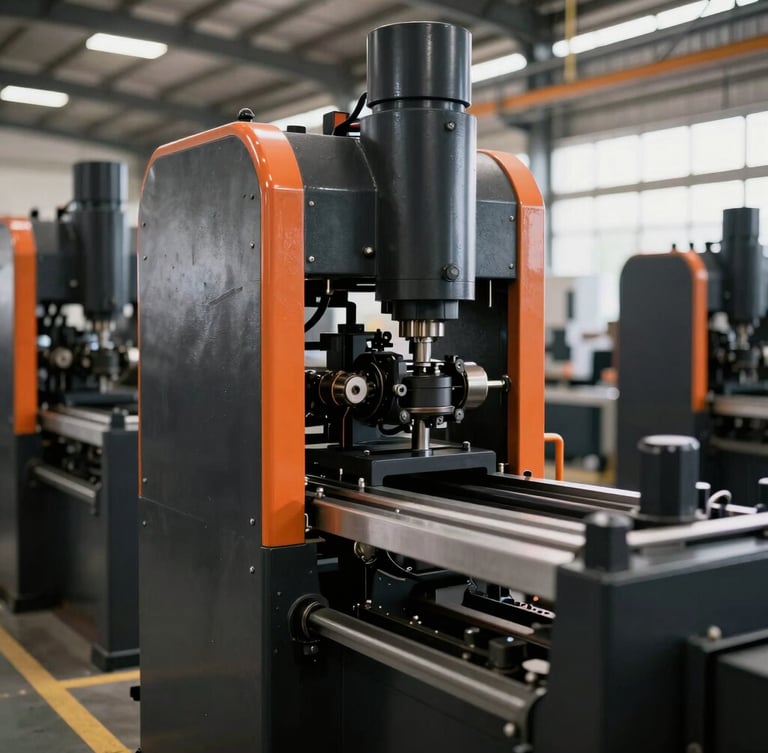 Industrial machinery in a modern organized Brazilian factory, sharp focus, high-contrast black and orange tones