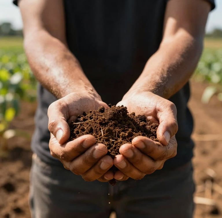 Close-up of hands holding soil in a sunlit Brazilian agricultural field, high contrast, warm natural light, professional photography