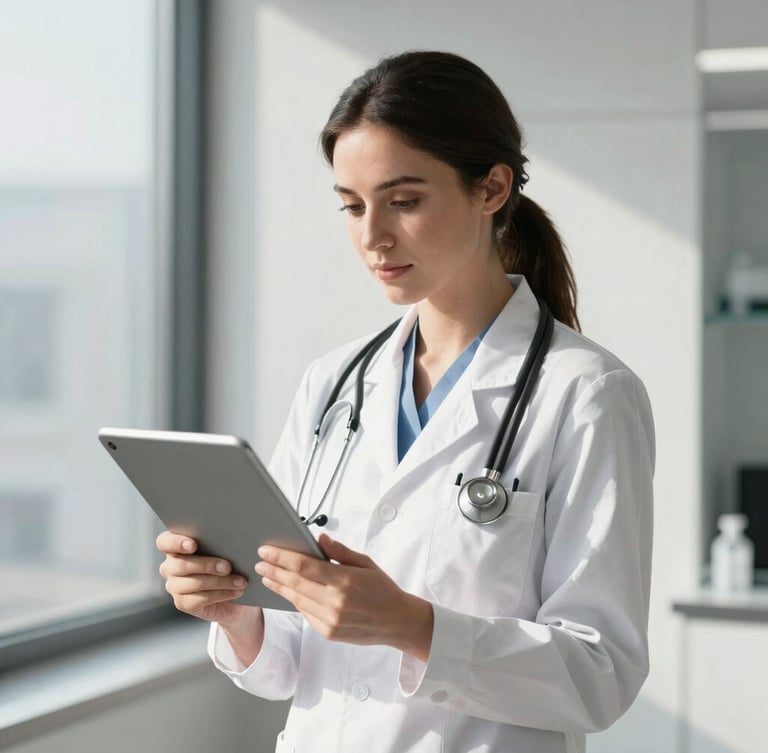 A female doctor in a clean modern clinic looking at a tablet, crisp natural daylight, high-contrast professional portrait