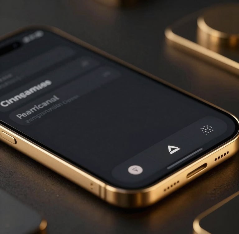 Close-up studio shot of a premium hardware mockup displaying a clean dark user interface, surrounded by ambient gold light, dramatic depth of field.