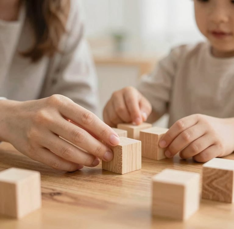 Hands of a mother and child playing with wooden blocks on a warm wooden table, soft natural daylight, shallow depth of field
