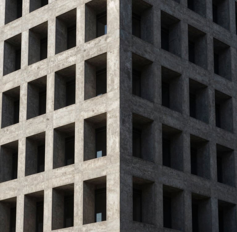 Sharp architectural corner of a concrete modernist skyscraper, casting deep geometric black shadows under direct intense sunlight, minimalist crop.
