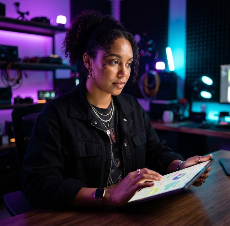 High-contrast portrait of a digital creator reviewing a brief on a tablet, vibrant purple and cyan ambient studio lighting, sharp focus, 35mm lens, modern editorial photography.