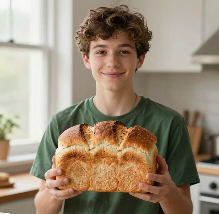 A portrait-oriented shot of a teenager proudly holding a freshly baked, golden-brown loaf of bread in a warm kitchen. Soft natural side lighting, shallow depth of field, focused on the texture of the bread and the genuine smile.