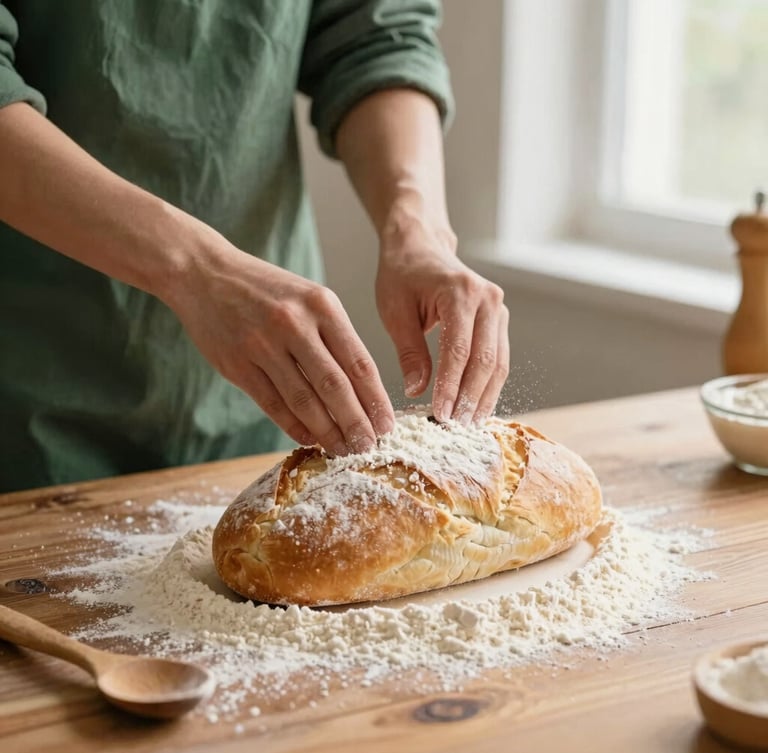 Hands measuring flour next to a golden baked loaf on a rustic wooden counter, warm natural window light, soft focus, cream and forest green tones