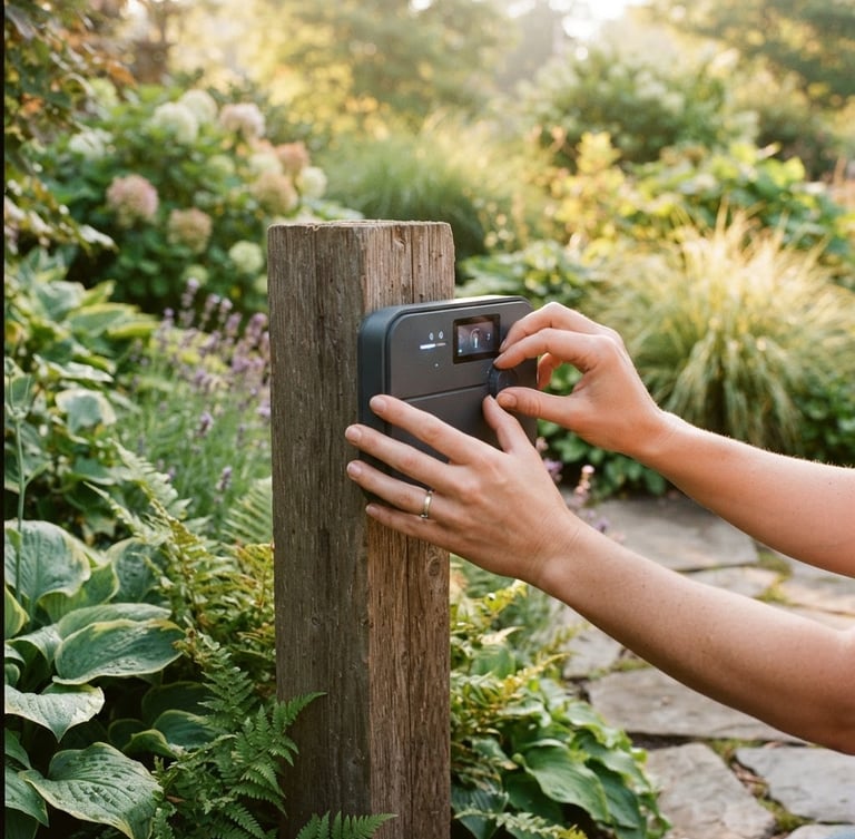 Close-up of hands adjusting a sleek smart-irrigation controller in a sun-drenched modern garden, warm morning daylight, 35mm