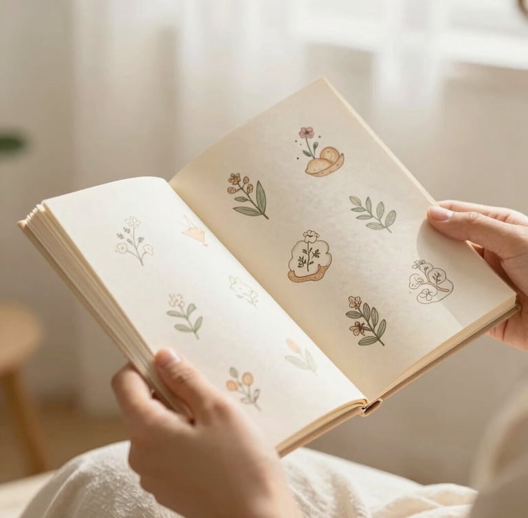Hands holding an open printed booklet with delicate drawings under soft diffused natural light, close-up framing, warm cream background