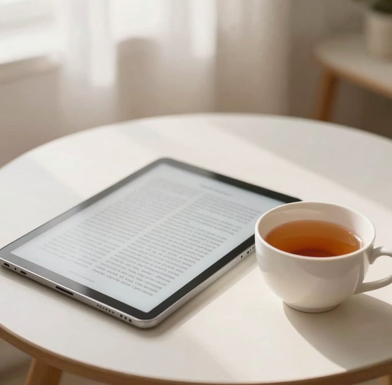 A cozy reading corner with a cup of tea, open digital tablet showing an e-book, soft diffused morning daylight, warm and inviting, shallow depth of field
