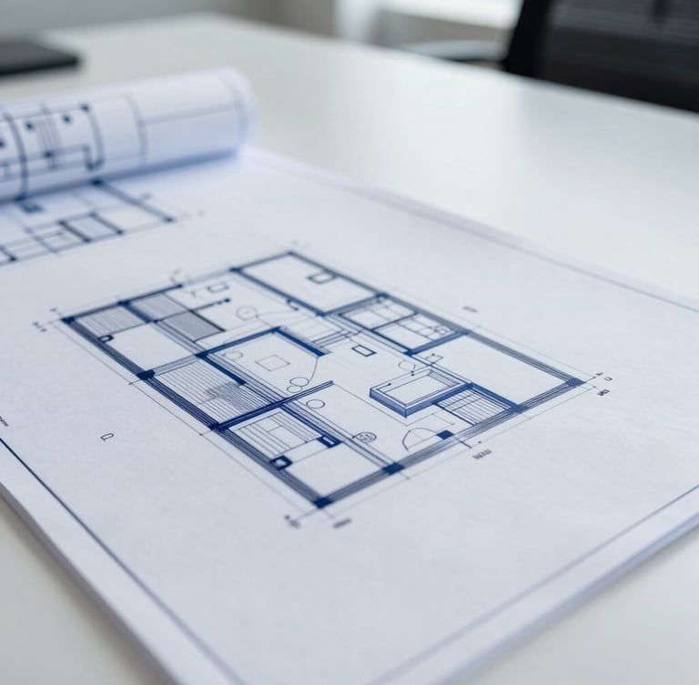 Macro close-up of structural architectural blueprints on a clean corporate boardroom table, cool daylight, sharp focus, 35mm