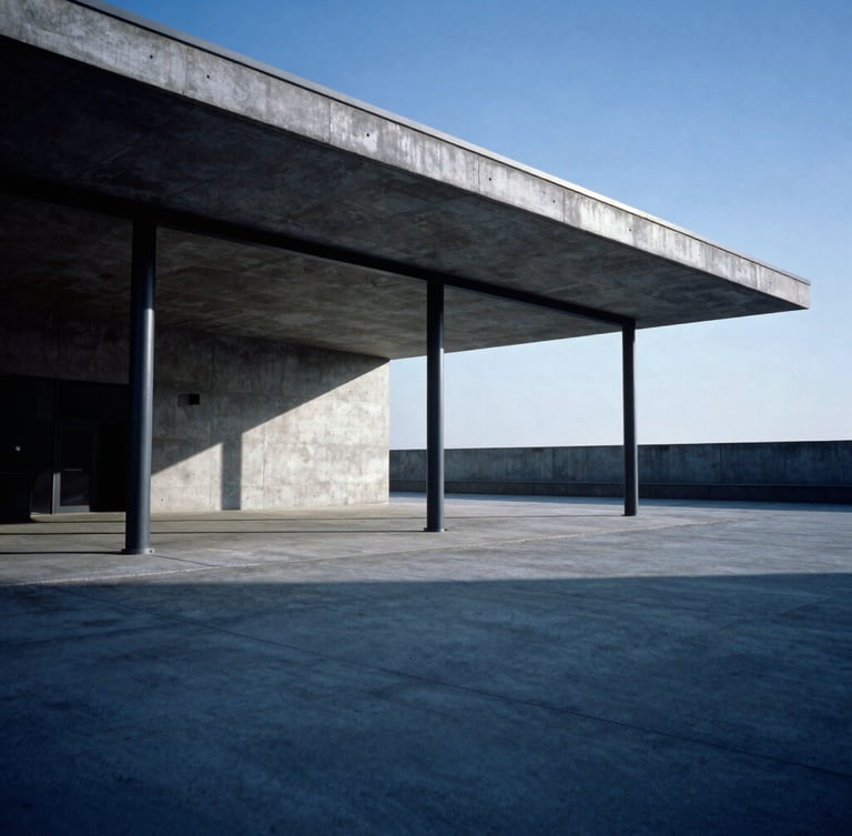Wide-angle architectural photograph of a modern concrete and steel pavilion, sharp angular shadows, cool crisp daylight, 35mm