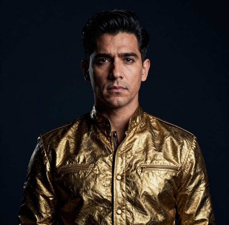 Imposing editorial portrait of Gabriel Macahuba, dark cosmic photography, deep navy and metallic gold tones, dramatic chiaroscuro lighting, sharp focus, 85mm lens