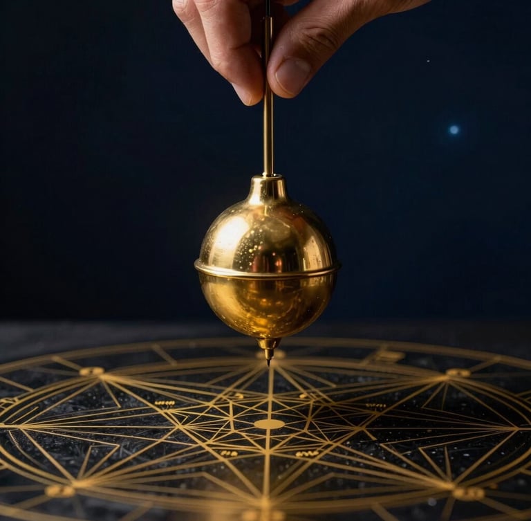 Close-up of hands holding a heavy brass pendulum over a golden geometric chart, dark cosmic atmosphere, deep navy background, dramatic lighting, sharp focus