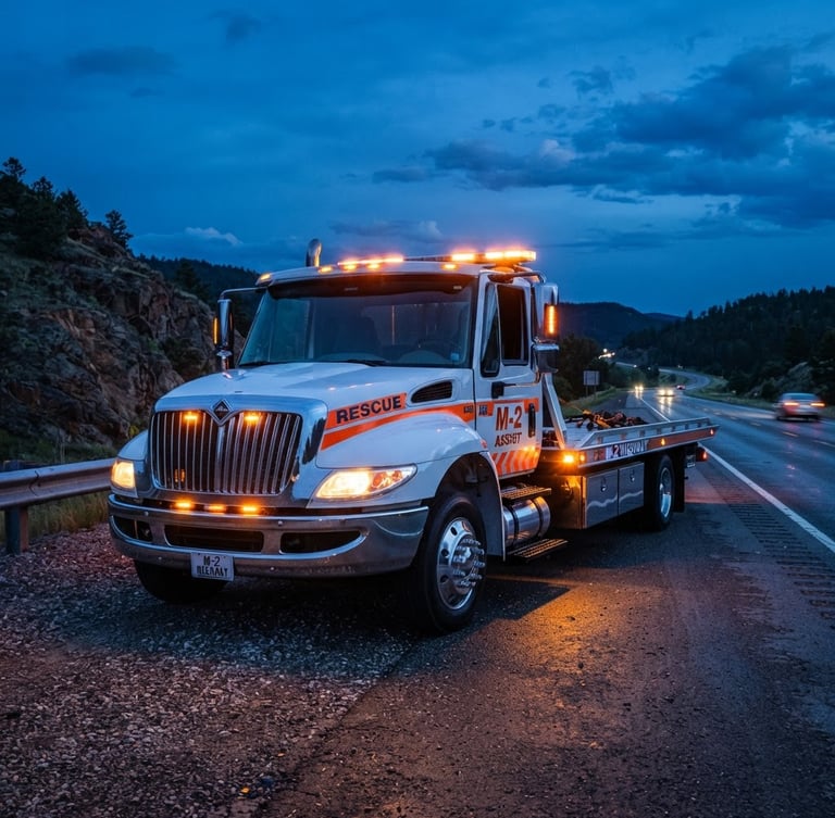 Low-angle heroic shot of a modern clean flatbed tow truck with glowing safety orange lights parked on the side of the M-2 highway at dusk, deep blue evening sky, sharp focus, professional commercial automotive photography