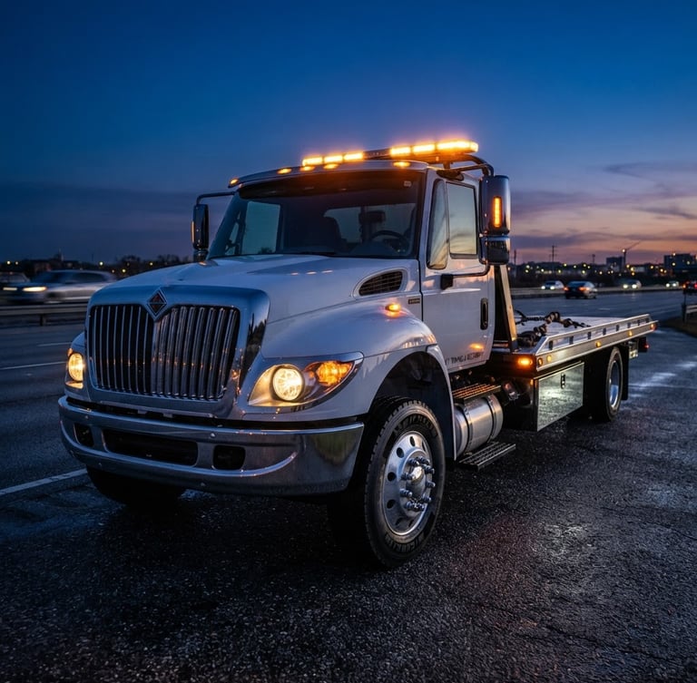 Low-angle heroic shot of a modern clean flatbed tow truck with glowing amber lights at twilight, sharp focus, 35mm
