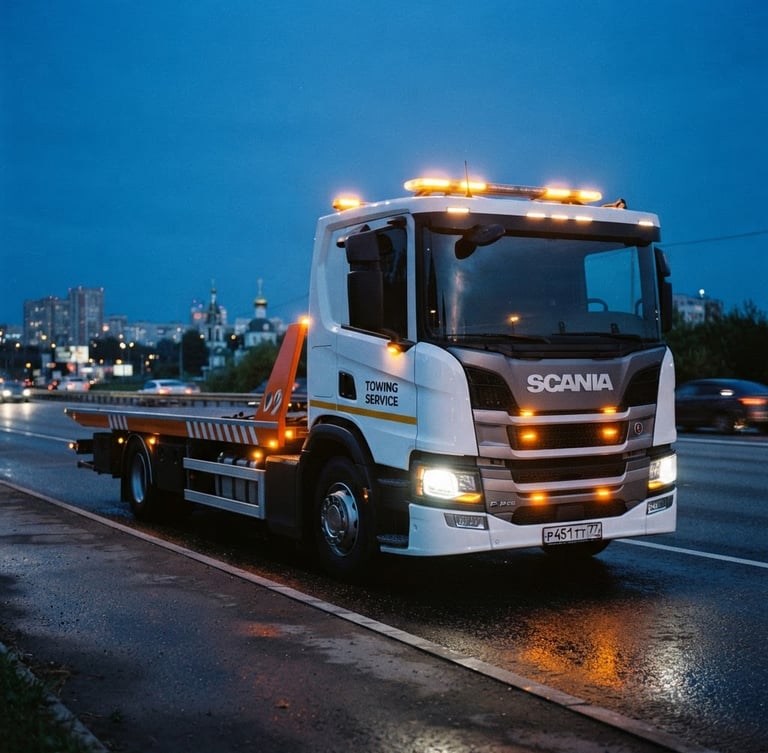 Low-angle heroic shot of a modern clean branded flatbed tow truck with glowing amber lights parked on a roadside in Serpukhov at twilight, professional commercial photography, 35mm
