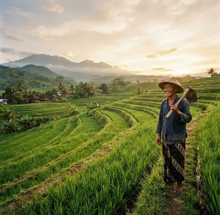 Wide panoramic view of Desa Karangrejo, lush green terraced rice fields under golden hour, local farmer smiling warmly in traditional attire on the right third, expansive sky, low horizon, warm editorial photography, 35mm.