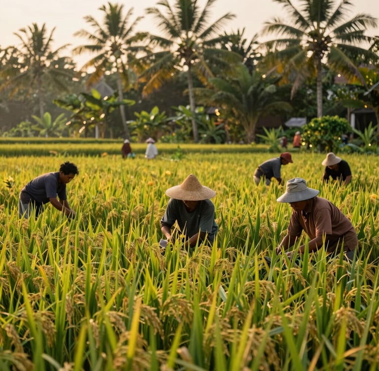 Candid medium shot of local Indonesian farmers working together in a rice field, warm golden hour light, lush tropical greens, authentic community life, 35mm