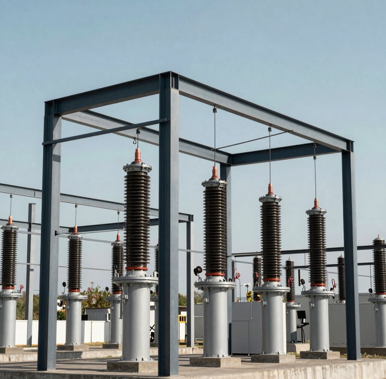 Sharp architectural shot of a modern power substation, steel structures against a crisp cool daylight sky, desaturated navy and steel tones, 35mm lens.