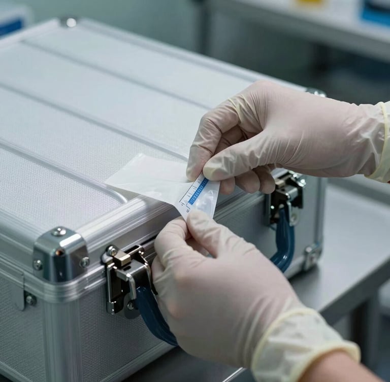 Close-up of hands in sterile nitrile gloves sealing a temperature-controlled medical transport case, harsh overhead clinical lighting, steel latches