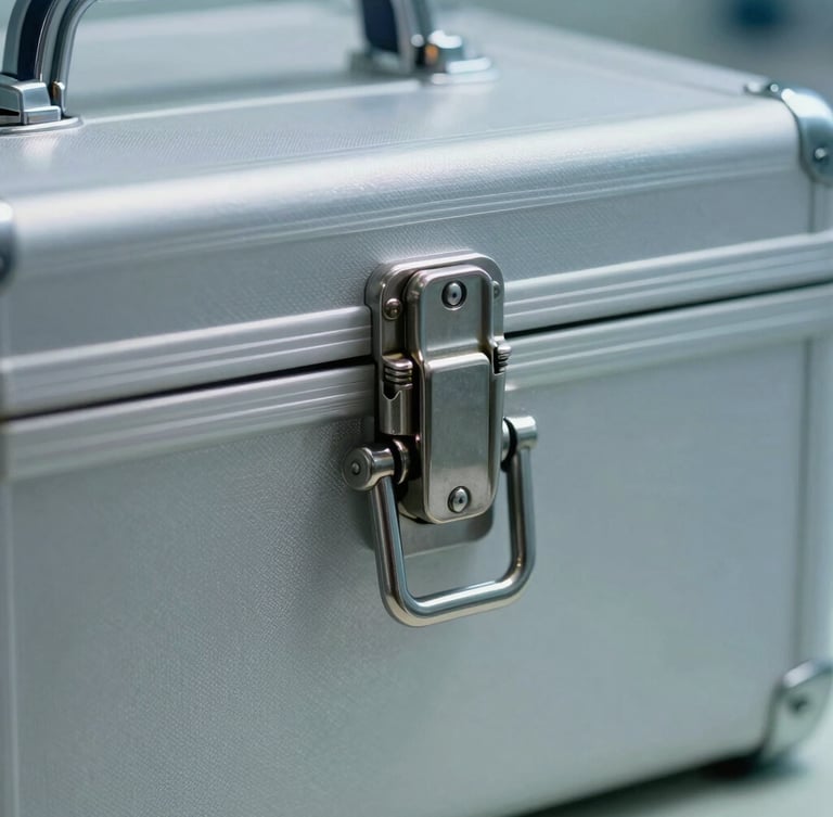 Macro shot of a sealed, temperature-controlled clinical specimen transport case under cool sterile lighting, metallic lock detail in focus