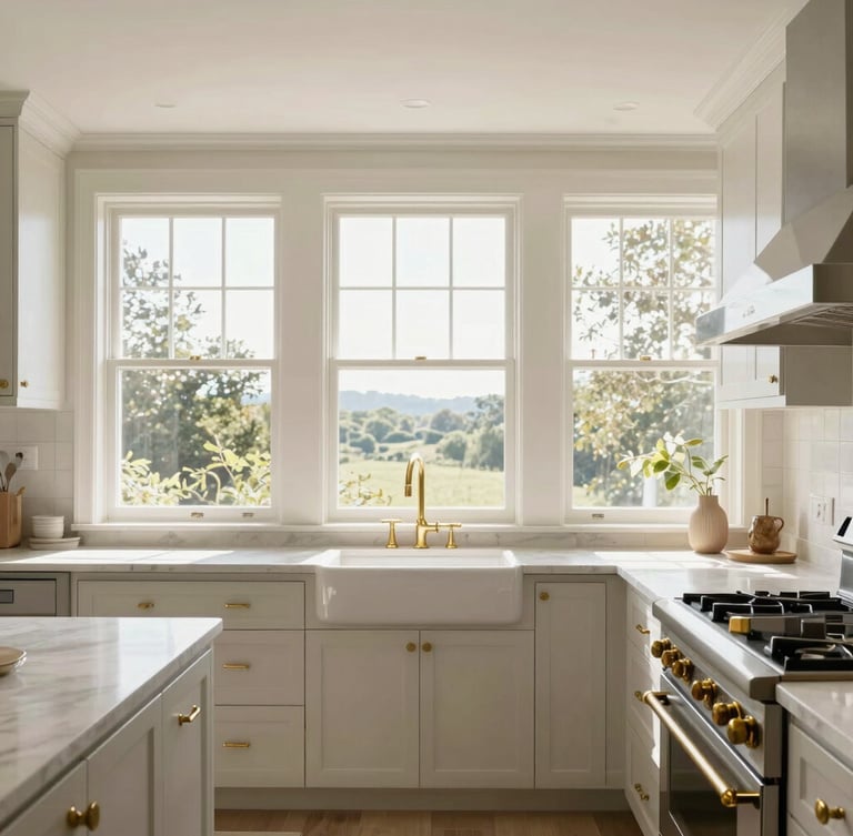 Straight-on architectural photograph of a pristine finished kitchen with warm brass fixtures, bright natural daylight flooding through newly renovated windows, clean geometric alignments.
