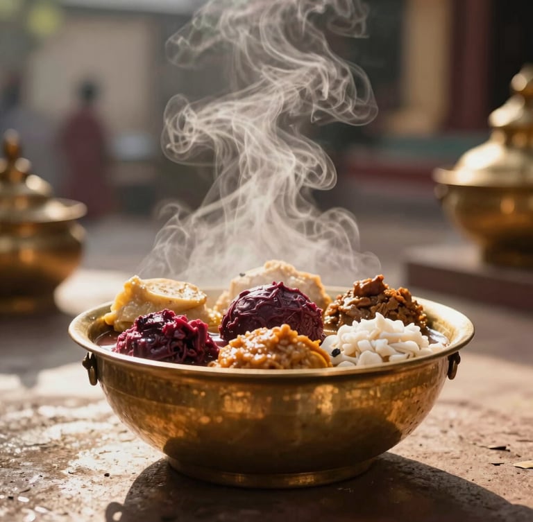 Steam rising from freshly prepared traditional South Indian delicacies in a large brass uruli vessel, warm dramatic temple-style lighting, shallow depth of field, 35mm