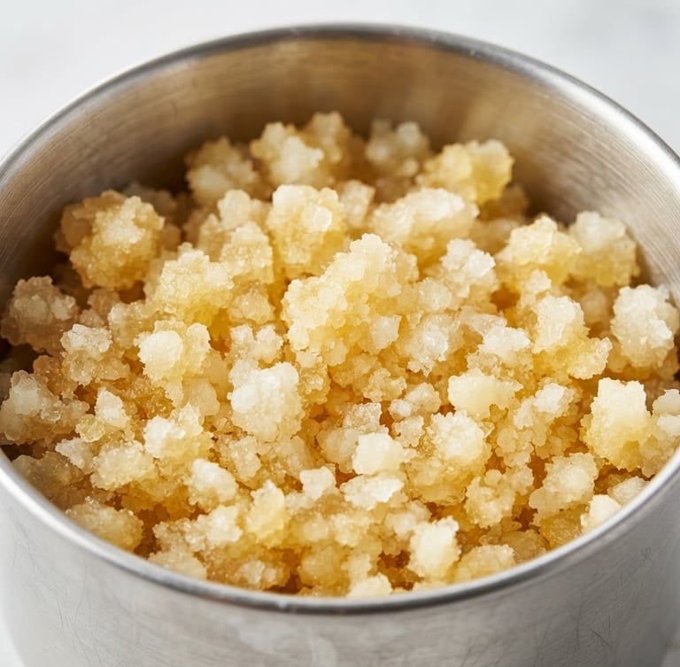 Macro texture shot of granular golden ghee in a stainless steel container, bright clean studio lighting, high-key food photography, professional