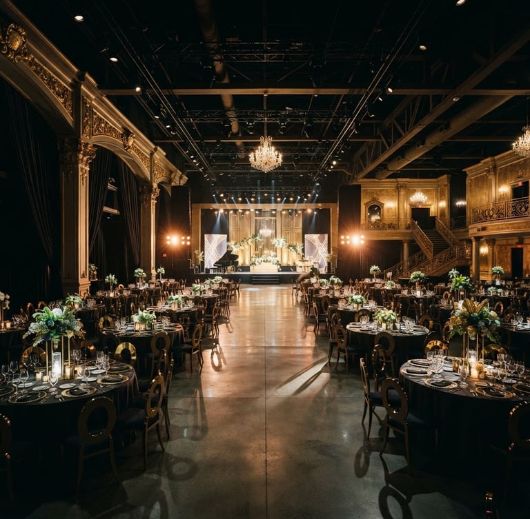 Wide-angle cinematic shot of a grand empty luxury event hall just before guest arrival, dramatic lighting setups casting long shadows on polished concrete, gold accents, 35mm film grain
