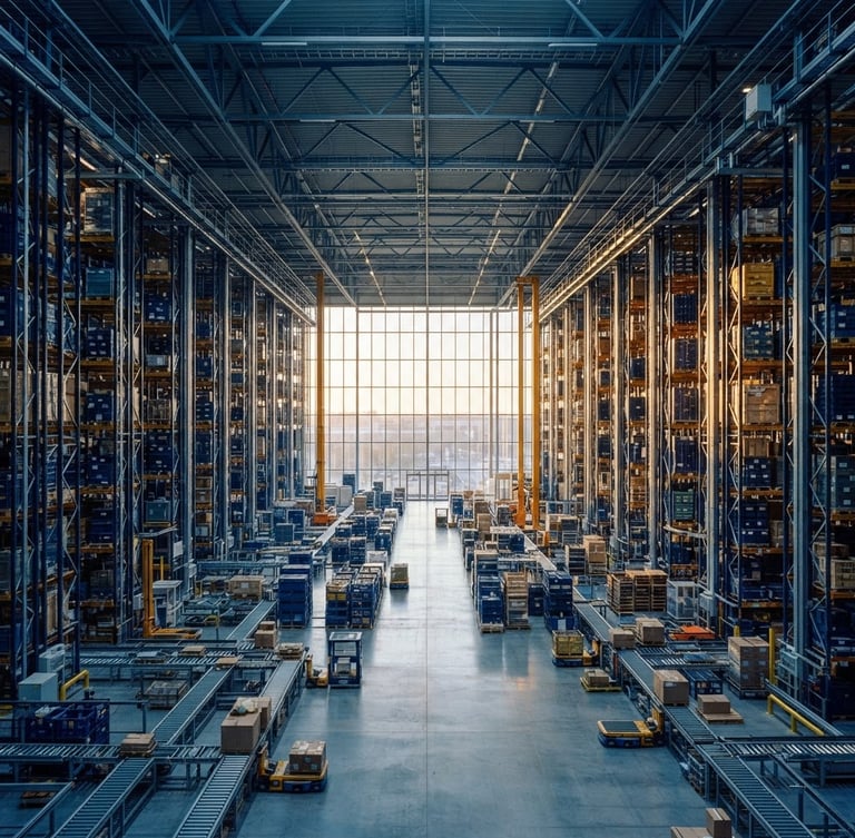Wide-angle architectural shot of a massive automated high-bay warehouse at sunrise, crisp morning daylight reflecting on steel structures, deep blue and gold tones, 35mm